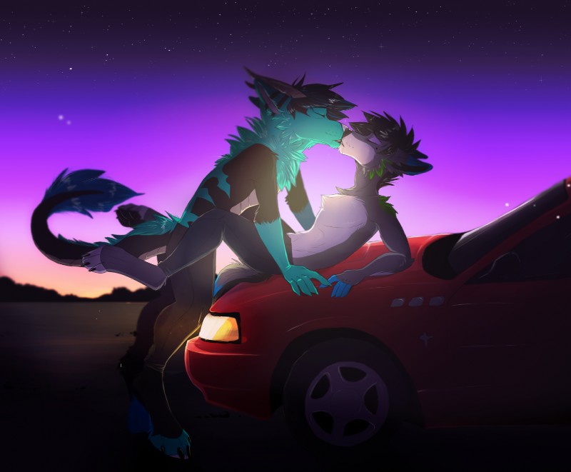 anthro barefoot car detailed_background digitigrade duo feet male on_hood sitting sky smile standing star starry_sky twilight vehicle poisoned_(artist) canid canine hybrid mammal digital_media_(artwork) hi_res