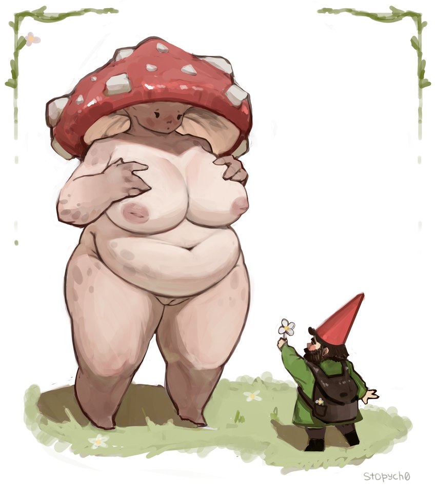 backpack belly big_breasts big_butt black_backpack breasts butt clothing coat duo female fly_agaric fungus genitals green_clothing green_coat green_topwear hat headgear headwear larger_female looking_at_another male mushroom mushroom_cap not_furry nude plant pussy red_clothing red_hat red_headwear size_difference smaller_male solo standing topwear stopych elemental_creature fungi_fauna gnome humanoid absurd_res hi_res intersex_(lore)