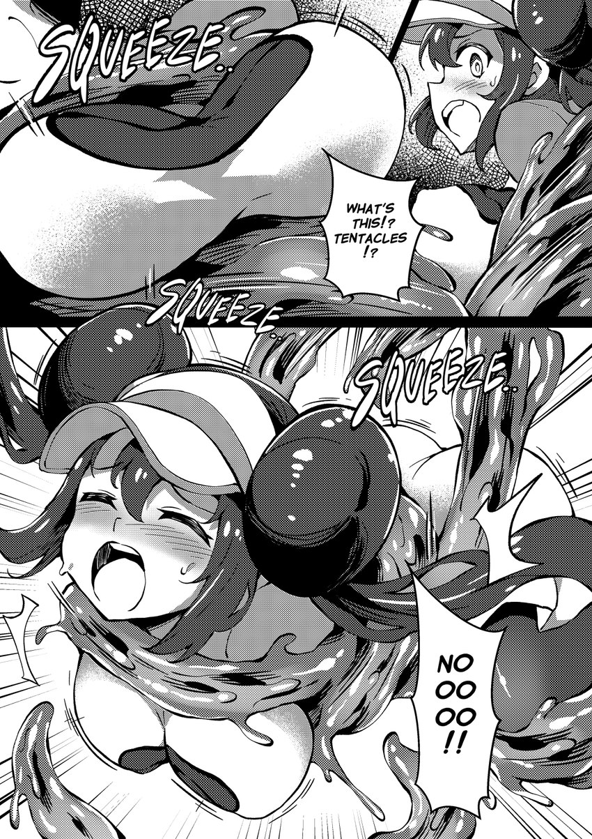 big_breasts blush bodily_fluids breast_squish breasts butt clothed clothing double_bun eyes_closed female hair hair_bun hat headgear headwear huge_breasts open_mouth raglan_shirt slime solo squish sweat tentacles text arniro nintendo pokemon rosa_(pokemon) goo_creature human mammal monster black_and_white comic digital_media_(artwork) english_text hi_res monochrome