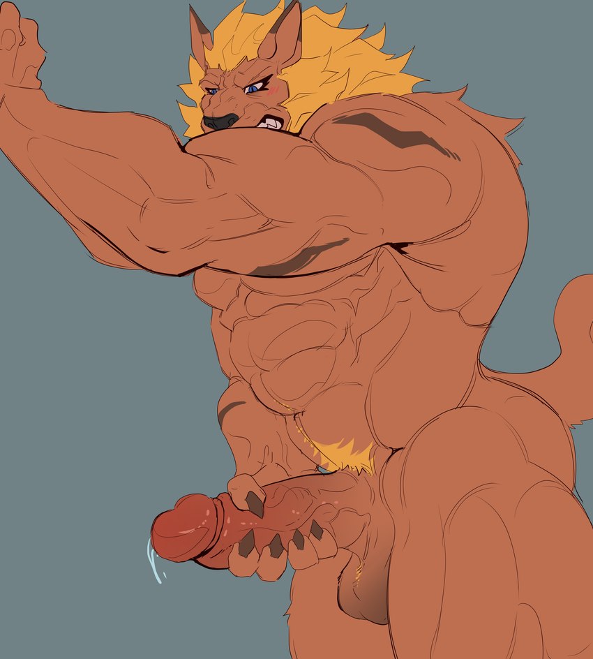 abs anthro balls biceps genitals male mane masturbation muscular muscular_anthro muscular_male pecs penis solo vein veiny_penis physen bandai_namco digimon digimon_(species) felid leomon lion mammal pantherine absurd_res hi_res unfinished