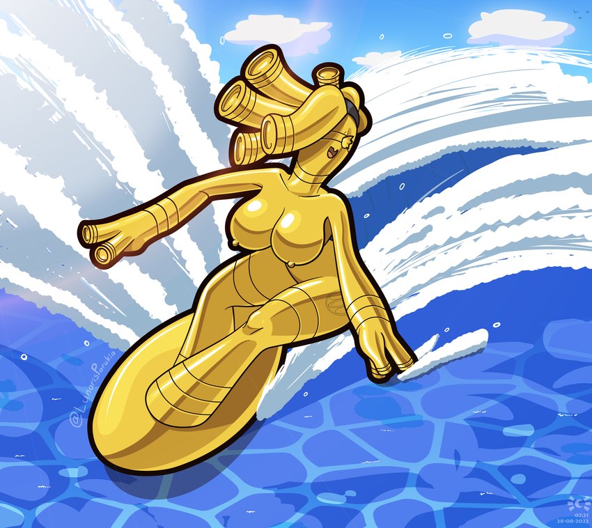 accessory action_pose action_scene black_hairband blush breasts cloud female glistening glistening_body gold_body gold_nipples hair hair_accessory hair_over_eye hairband hairband_only leaning leaning_forward looking_away markings navel nipples no_areola nude one_eye_obstructed outside pokemorph pose sea sky solo sport surfboard surfing water wave lunaris_parukia nintendo pokemon aubrey_dorada_(latiar) fan_character generation_9_pokemon gholdengo humanoid pokemon_(species) 2023 absurd_res digital_media_(artwork) hi_res