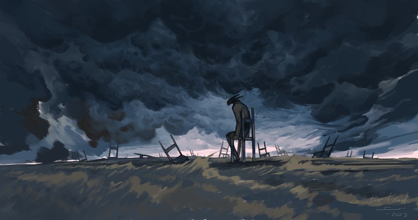 ambiguous_gender anthro chair cloud dark_clouds furniture grass landscape plant sitting slouching solo surrealism vent_art themefinland mythology dragon mythological_creature mythological_scalie scalie wingless_dragon 2023 artist_name hi_res