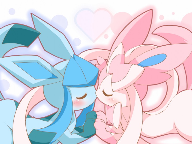 ambiguous_gender big_ears blue_body blue_fur blue_paws blush daww duo eyes_closed feral fur heart_symbol kissing paws pink_body pink_fur pink_paws ribbons simple_background white_body white_fur nell_two nintendo pokemon eeveelution generation_4_pokemon generation_6_pokemon glaceon pokemon_(species) sylveon 4:3