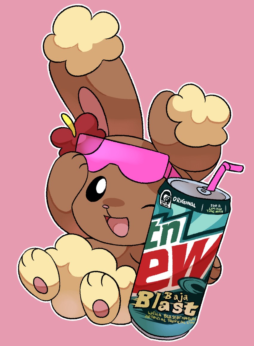 ambiguous_gender beverage_can drinking_straw eyewear eyewear_only flower_accessory flower_on_head looking_at_viewer nude one_eye_closed pink_background simple_background solo sunglasses sunglasses_only wink unknown_artist baja_blast mountain_dew nintendo pokemon taco_bell blastoise buneary generation_1_pokemon generation_4_pokemon lagomorph mammal pokemon_(species) hi_res