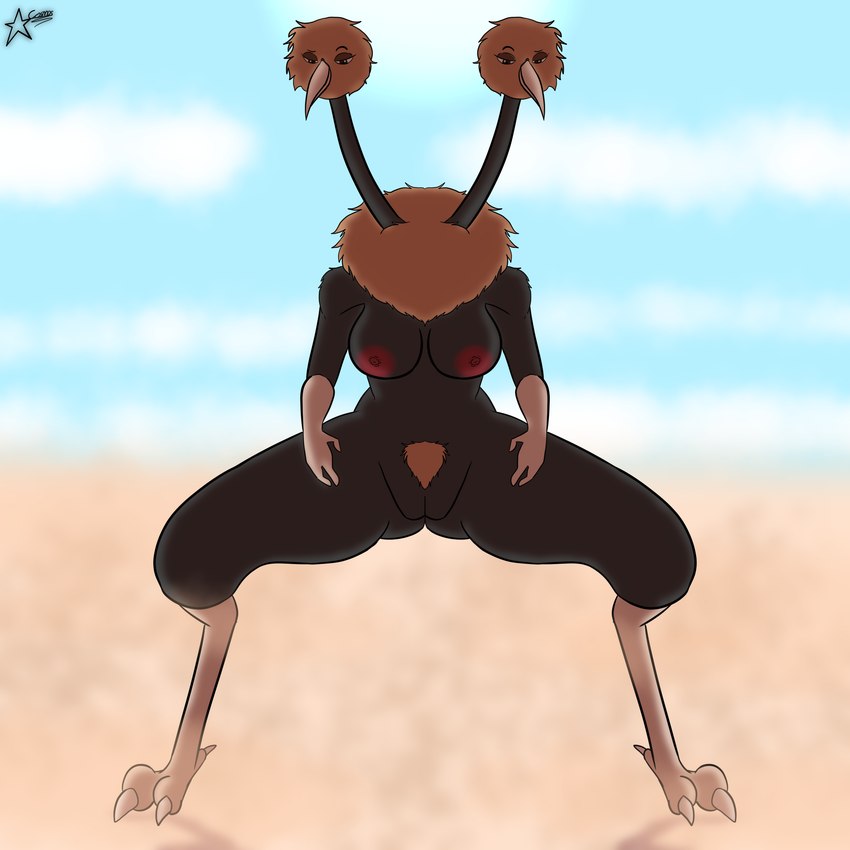 2_heads anthro bedroom_eyes big_breasts breasts erect_nipples female fur grey_body multi_head narrowed_eyes nipples pubes seductive solo cosmosarts nintendo pokemon avian doduo generation_1_pokemon pokemon_(species) 1:1 absurd_res hi_res