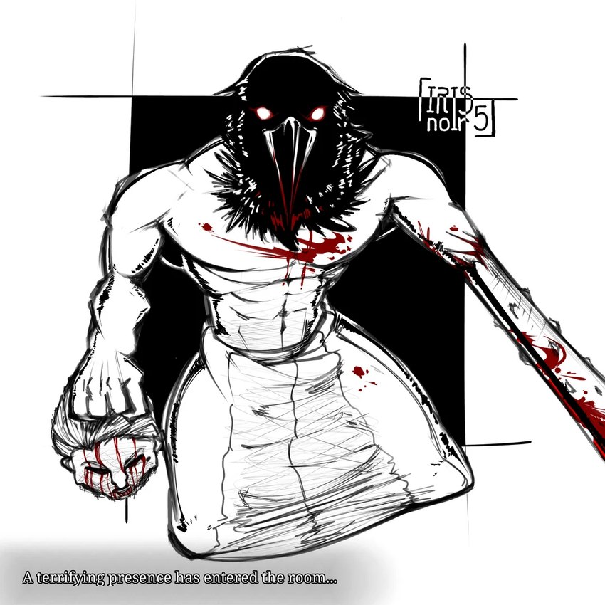 4_fingers abs amputee beak black_beak black_body black_feathers blood blood_in_mouth blood_on_beak blood_on_chest blood_on_clothing blood_on_feathers blood_on_head blood_on_weapon bodily_fluids bottomwear clothing disability ellipsis feathers fingers for_a_head gore hair holding_object holding_severed_head loincloth looking_at_viewer male melee_weapon muscular muscular_humanoid muscular_male navel no_pupils severed_body_part severed_head shirtless shirtless_humanoid shirtless_male simple_background solo spikes standing text weapon weapon_arm white_background comprehensive-fix992 fear_&_hunger_2:_termina fear_and_hunger caligura crow_mauler animal_head animal_humanoid avian avian_humanoid bird bird_humanoid corvid corvid_humanoid corvus_(genus) corvus_humanoid crow crow_humanoid humanoid oscine passerine 1:1 2024 black_and_white english_text monochrome signature