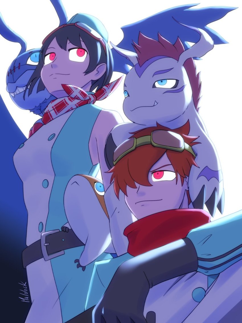 belt black_hair blue_eyes clothing eyewear female feral goggles group hair hat headgear headwear kerchief male neckerchief neckwear red_eyes scarf smile smirk yanasunqu bandai_namco digimon digimon_story:_time_stranger demidevimon digimon_(species) gomamon human mammal patamon 3:4 hi_res