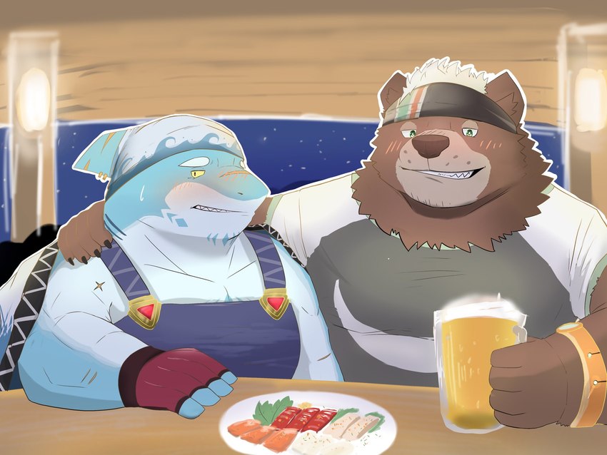 accessory alcohol anthro arm_around_shoulders beer beverage blue_body blush brown_body brown_fur drinking duo eating embarrassed food fur headband kerchief male male/male scar sushi dantou_creation lifewonders live_a_hero goro_(live_a_hero) isaribi bear fish mammal marine shark 4:3 hi_res