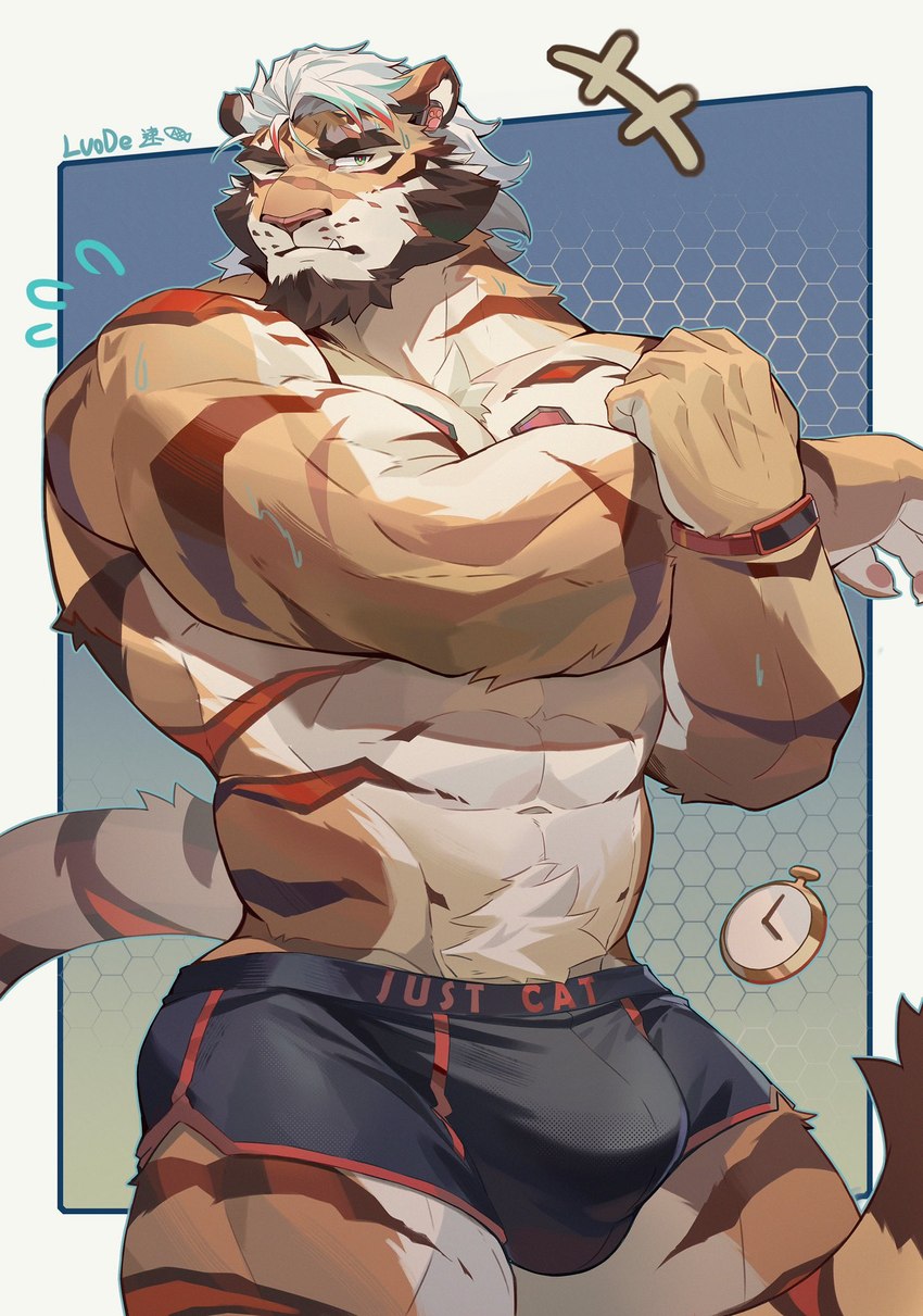 anthro beard biceps bulge clothing detailed_bulge facial_hair fangs hair male male_anthro muscular muscular_anthro muscular_male solo teeth underwear luodejun bear felid mammal pantherine tiger hi_res