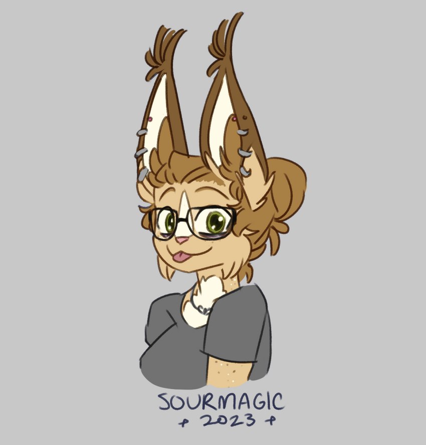 anthro big_eyes blep blonde_hair brown_ears cheek_tuft ear_piercing ear_ring eyewear facial_tuft female freckles fur glasses glistening glistening_eyes green_eyes hair hair_bun inner_ear_fluff jewelry necklace piercing ring_piercing solo tongue tongue_out tuft yellow_body yellow_fur sourmagic levi_kyros domestic_cat felid feline felis mammal valta