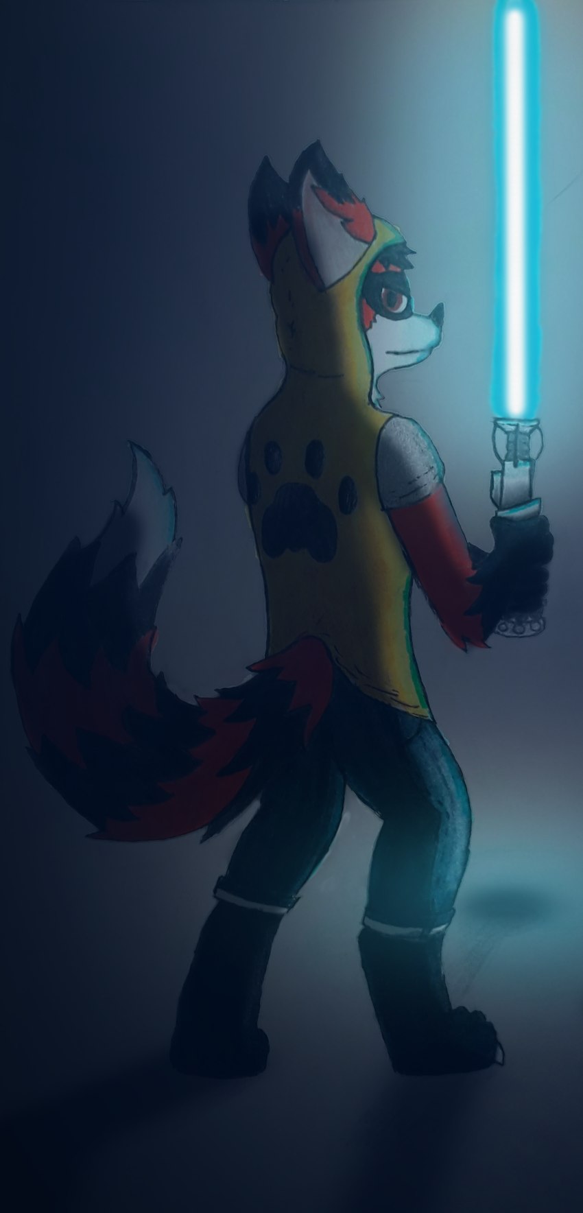 ambiguous_gender anthro blue_lightsaber clothing digitigrade fluffy fluffy_tail fur grey_body grey_fur lightsaber melee_weapon orange_body orange_fur solo tail weapon white_body white_fur foony star_wars foony_(character) canid canine fox hybrid mammal procyonid raccoon 2019 absurd_res hi_res