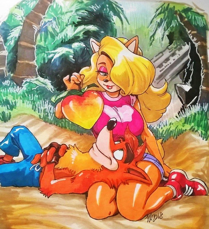 anthro anthro_on_anthro black_nose blonde_hair clothing duo eyeshadow feeding female fingerless_gloves food footwear fruit fur gloves hair hair_over_eye handwear holding_food holding_object lipstick long_hair makeup male male/female one_eye_obstructed orange_body orange_fur plant smile tree wumpa_fruit krillos napalmkrillos activision crash_bandicoot_(series) crash_bandicoot tawna_bandicoot bandicoot mammal marsupial 2018 hi_res signature