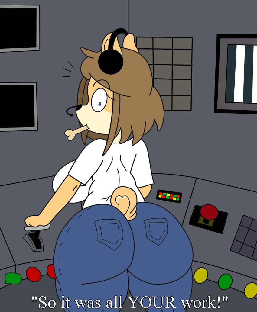 anthro big_breasts big_butt blue_eyes bottomwear breasts brown_hair butt caught_in_the_act clothed clothing curvy_figure denim denim_bottomwear denim_clothing dog_food dog_treat electronics female fully_clothed hair headgear headphones headset huge_breasts huge_butt humor jeans lever looking_at_viewer looking_back mature_anthro mature_female monitor pants pet_food pushbutton shirt solo text thick_thighs topwear voluptuous white_clothing white_shirt white_topwear wide_hips hashidoodle konami silent_hill june_(jinu) mira_(silent_hill) canid canine canis domestic_dog mammal shiba_inu spitz hi_res