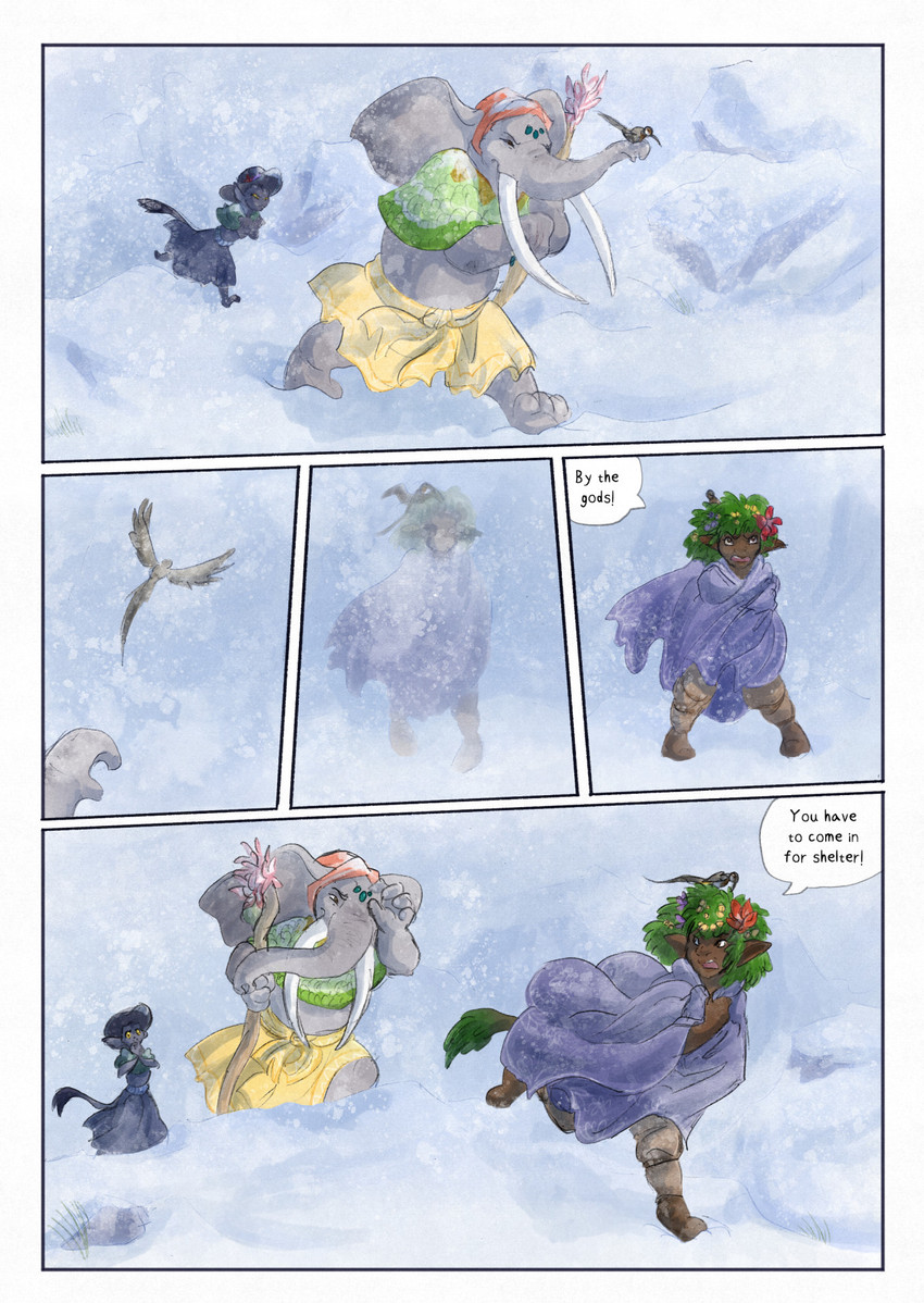 ambiguous_gender anthro biped black_body black_fur black_tail blizzard_(weather) clothed clothing day dialogue dialogue_box female feral fog fur grey_body group hat headgear headwear holding_object humanoid_pointy_ears male outside plant pointy_ears proboscis_(anatomy) snow snowing speech_bubble tail text trio trunk_(anatomy) bjekkergauken imbali_(bjekkergauken) isilo_(bjekkergauken) avian bird elephant elephantid humanoid mammal proboscidean unknown_species 2025 comic english_text hi_res