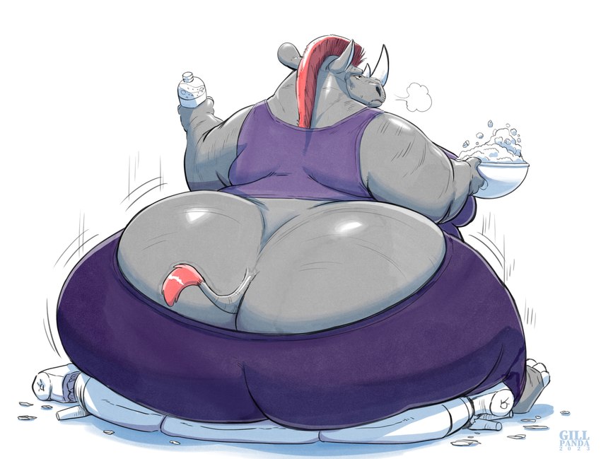 annoyed anthro beverage big_butt bottomwear breath broken_furniture butt butt_cleavage butt_crush clothed clothing crush female food furniture hair huge_butt huge_thighs obese obese_anthro obese_female overweight overweight_anthro overweight_female pants pink_hair popcorn sitting soda sofa solo thick_thighs yoga_pants gillpanda rose_(harryshark) mammal rhinoceros absurd_res hi_res