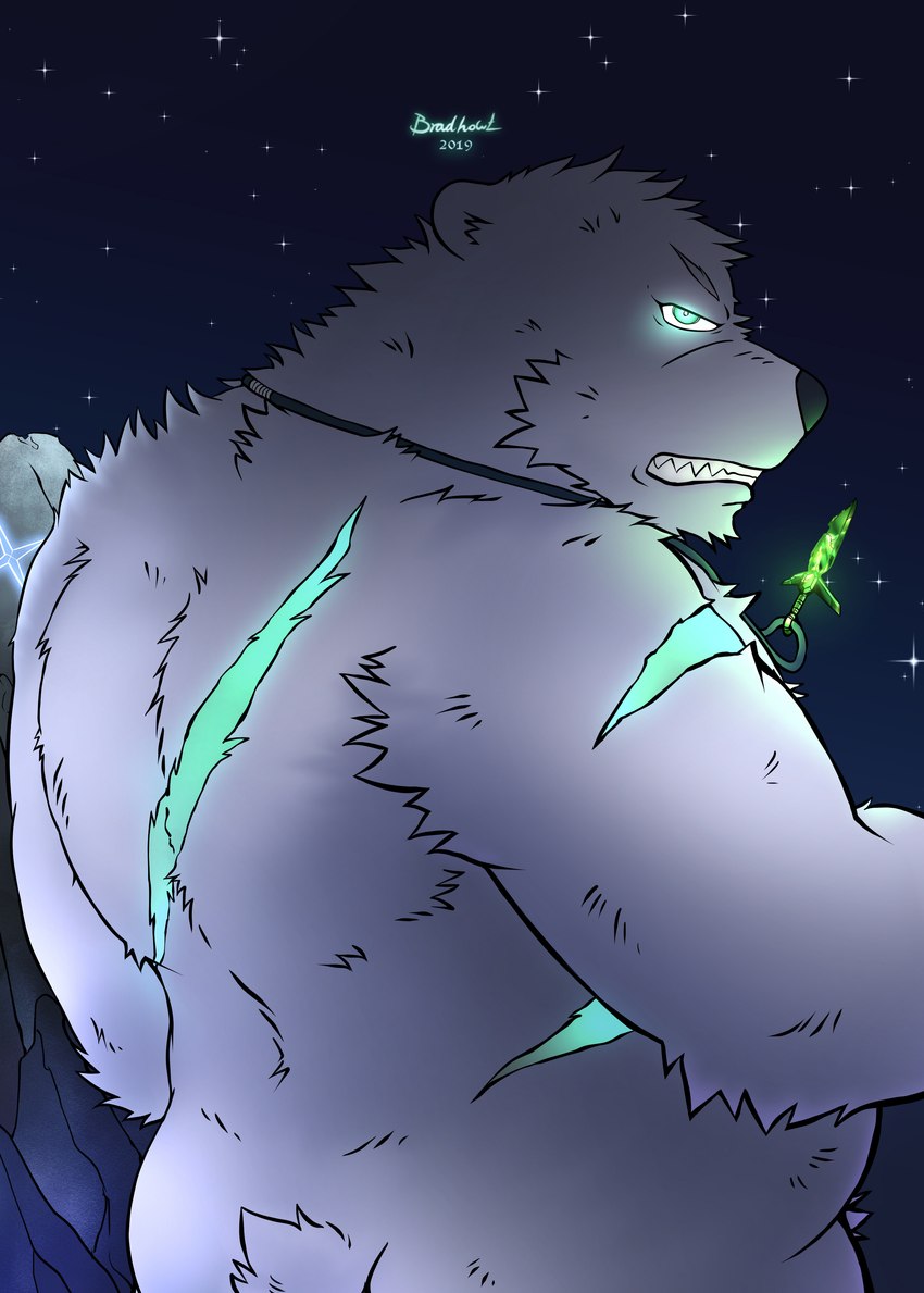 anthro belly big_belly biped black_nose fur kemono magic male night outside overweight overweight_male scar solo star white_body white_fur mtflying30371 bear mammal polar_bear ursine 2018 absurd_res hi_res