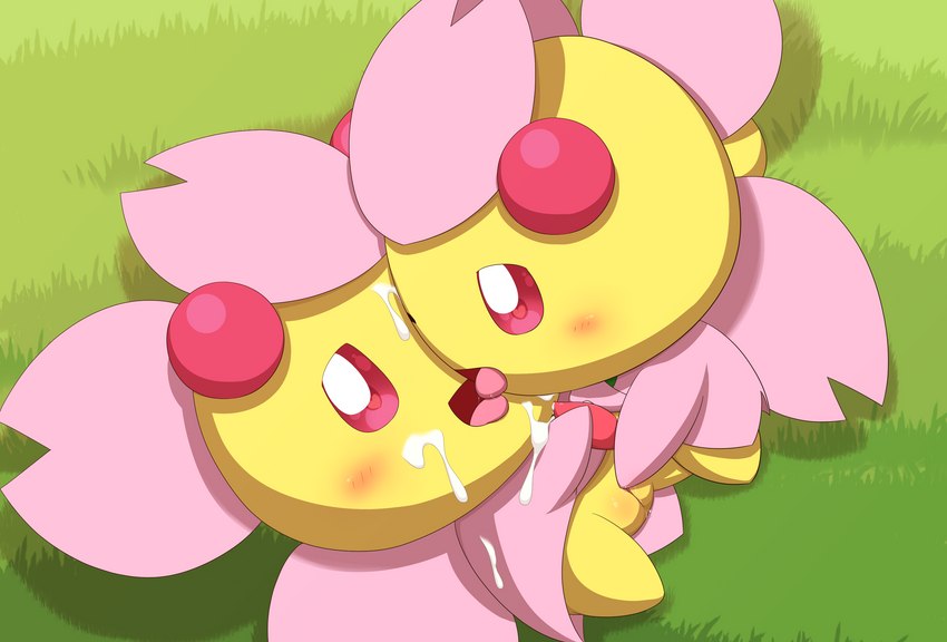 blush bodily_fluids cum cum_on_face duo female french_kissing genital_fluids genitals grass heart_eyes heart_symbol kissing male male/female mutual_masturbation not_furry penis pink_body pink_eyes plant pussy tongue tongue_out vaginal_fluids yellow_body minami_(artist) nintendo pokemon cherrim generation_4_pokemon pokemon_(species) sunshine_form_cherrim absurd_res hi_res