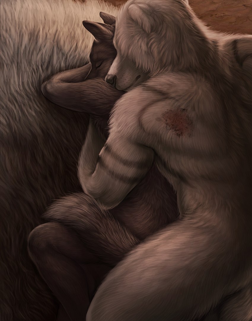 anthro black_nose duo eyes_closed fur grey_body grey_fur grey_tail larger_male lying male male/male nude size_difference sleeping smaller_male spooning tail tattoo white_body white_fur rukis red_lantern_universe finnegan_(rukis) tulimak_(rukis) bear canid canine canis mammal wolf hi_res story story_in_description