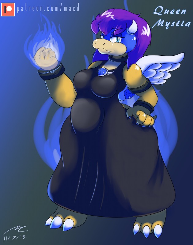 anthro armband blue_shell claws clothing dress female fire hair neckband neckwear queen royalty shell solo spiny_shell_(mario_kart) wings mario_bros mario_kart nintendo mario koopa scalie absurd_res hi_res