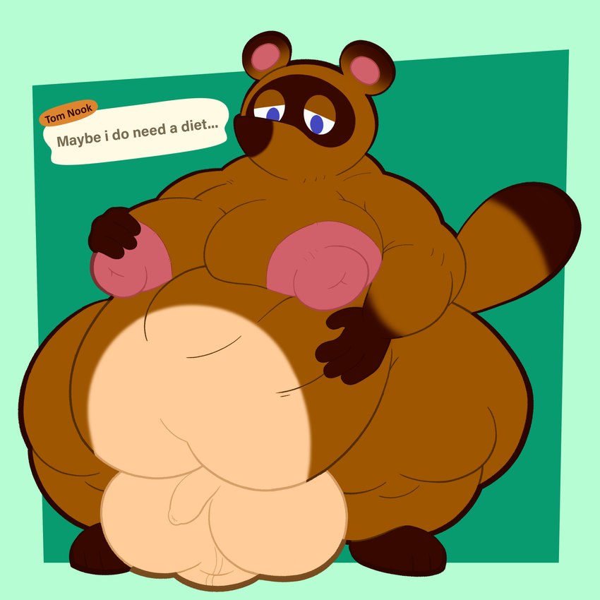 anthro balls big_balls big_moobs blue_eyes brown_body brown_ears brown_fur brown_nose brown_tail fur gameplay_mechanics genitals half-closed_eyes hand_on_belly hand_on_moob hand_on_own_belly huge_balls hyper hyper_balls hyper_genitalia male moobs morbidly_obese multicolored_body multicolored_ears multicolored_fur narrowed_eyes nipples obese obese_anthro obese_male overweight overweight_anthro overweight_male penis pink_nipples small_penis solo standing tail text text_box three-quarter_view two_tone_ears two_tone_tail itsme_hilo animal_crossing nintendo tom_nook_(animal_crossing) canid canine mammal raccoon_dog tanuki 2024 absurd_res digital_media_(artwork) english_text hi_res