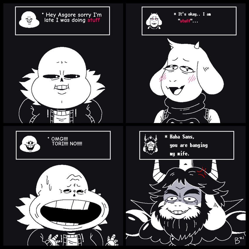 4_panel_comic anthro beard black_background blush bodily_fluids bone cross-popping_vein cuckold dialogue facial_hair female group male open_mouth simple_background skeleton tears text toony pandzart undertale undertale_(series) asgore_dreemurr sans_(undertale) toriel animated_skeleton boss_monster_(undertale) bovid caprine humanoid mammal undead 1:1 comic english_text hi_res meme spot_color