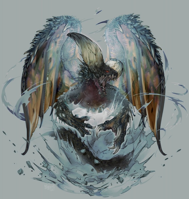 ambiguous_gender membrane_(anatomy) membranous_wings open_mouth red_eyes simple_background solo spikes teeth tongue wings kiguri capcom monster_hunter elder_dragon nergigante 2018 absurd_res digital_media_(artwork) hi_res