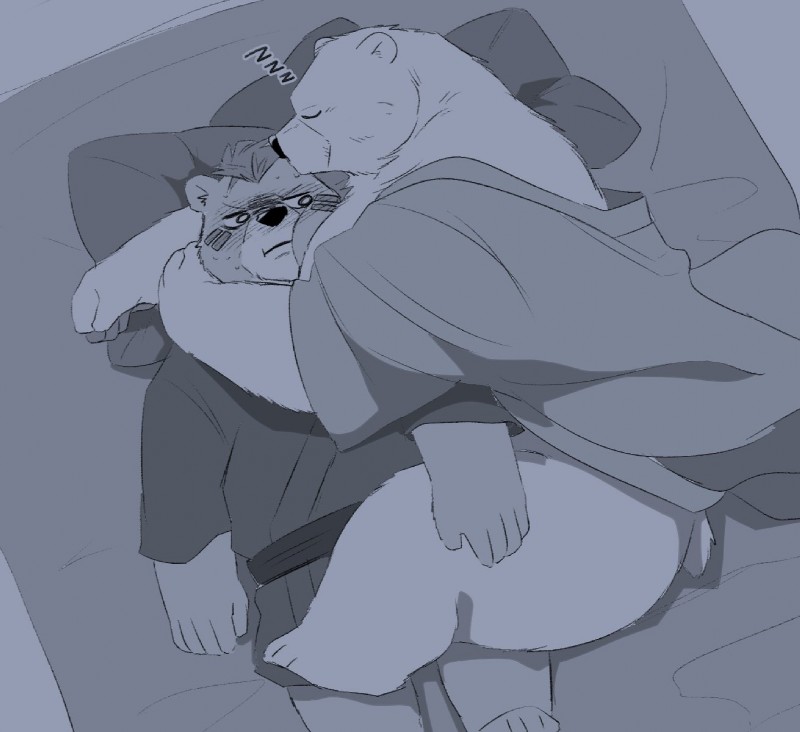 anthro bed blush butt clothing duo eyes_closed furniture hug humanoid_hands lying lying_on_bed male moobs on_bed overweight overweight_male pillow robe sleeping 00makumakuma00 kumao sdorica crushfang_(sdorica_sunset) dagger_(sdorica_sunset) bear mammal polar_bear ursine 2019 hi_res