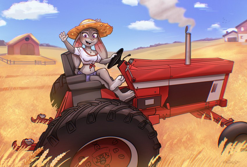 3_toes anthro barefoot bottomwear breasts clothed clothing crop_top detailed_background driving farm feet female fingers fur gesture grass grey_body hat headgear headwear looking_at_viewer midriff navel open_mouth outside plant plantigrade shirt shorts sitting smile soles solo teeth toes topwear tractor vehicle waving waving_at_viewer kastoluza disney zootopia judy_hopps lagomorph leporid mammal rabbit digital_media_(artwork) hi_res