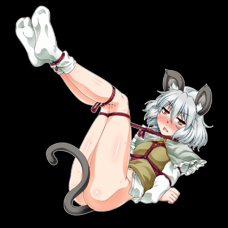 arms_tied bdsm blush bondage bottomless bound butt capelet clothed clothing female footwear grey_hair hair half_naked inner_ear_fluff legs_tied legwear lying navel on_back open_mouth red_eyes shirt short_hair socks solo topwear tuft ootsuki_wataru touhou nazrin animal_humanoid humanoid mammal mammal_humanoid mouse_humanoid murid murid_humanoid murine murine_humanoid rodent rodent_humanoid 1:1 alpha_channel