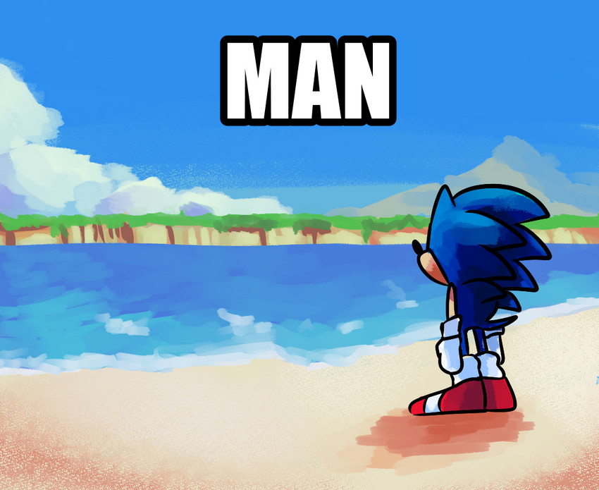 anthro beach biped blue_body blue_fur blue_sky clothing cloud day footwear fur gloves handwear male outside seaside shoes sky solo standing text water artisyone man_meme sega sonic_the_hedgehog_(series) sonic_the_hedgehog eulipotyphlan hedgehog mammal 2020 digital_media_(artwork) icon image_macro impact_(font) meme reaction_image redraw