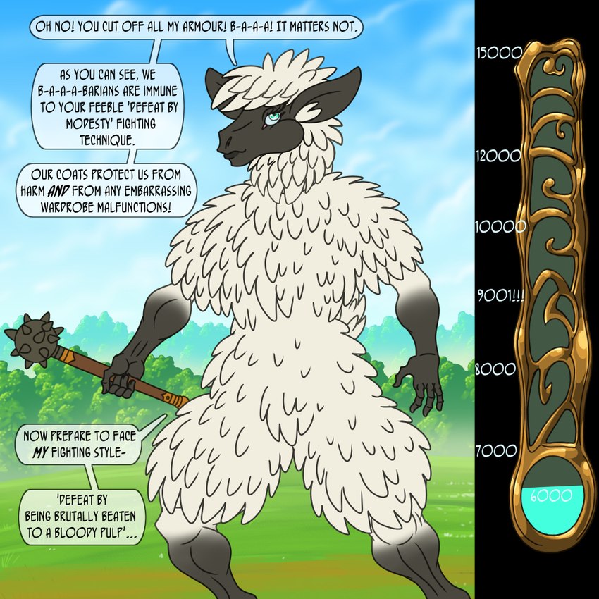 anthro blue_eyes dialogue dipstick_limbs exposure_variation eyelashes female fur grey_body grey_fur holding_mace holding_object holding_weapon looking_at_viewer mace melee_weapon solo speech_bubble talking_to_viewer text weapon white_body white_fur bythebook bovid caprine mammal sheep 1:1 english_text