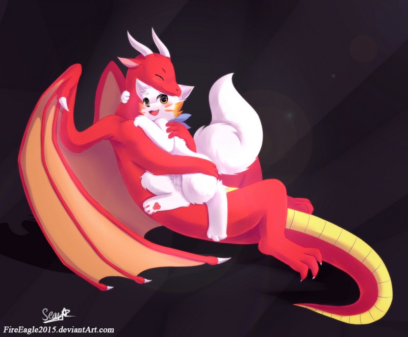 claws cuddling duo eyes_closed feral heart_symbol horn hug lying male membrane_(anatomy) membranous_wings scarf sitting smile tail text wings senz mythology ashtalon lyricwulf canid canine canis dragon mammal mythological_creature mythological_scalie scalie wolf 2018 absurd_res hi_res url