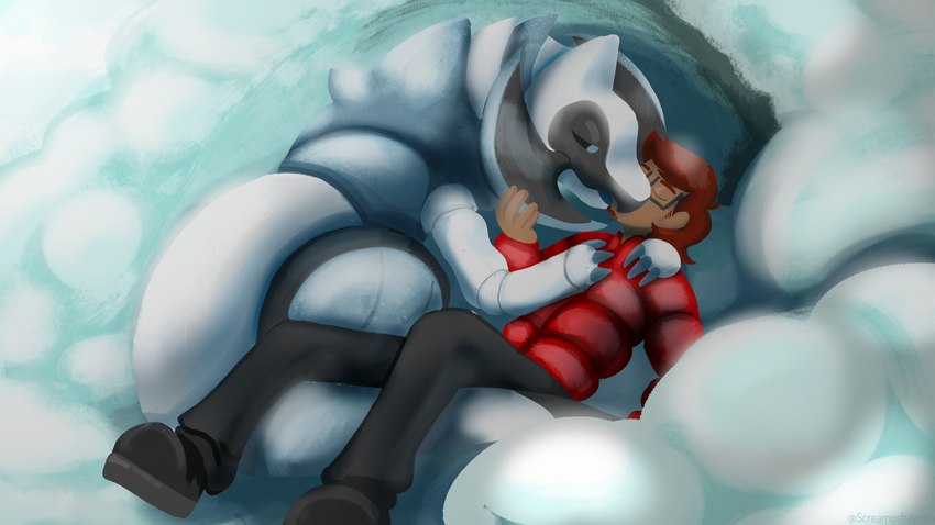 female kissing male male/female snow screamoshaymin nintendo pokemon blake_rothenberg generation_5_pokemon haxorus human mammal pokemon_(species) hi_res