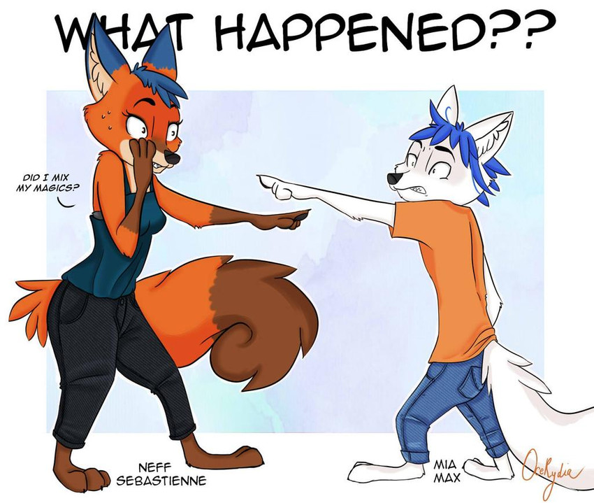 3_toes 4_fingers anthro blue_hair body_swap crossgender duo feet female fingers fur hair male orange_body orange_fur toes white_body white_fur ocerydia bad_guy_cafe artemis_(smneff) mia_(smneff) arctic_fox canid canine fox mammal true_fox