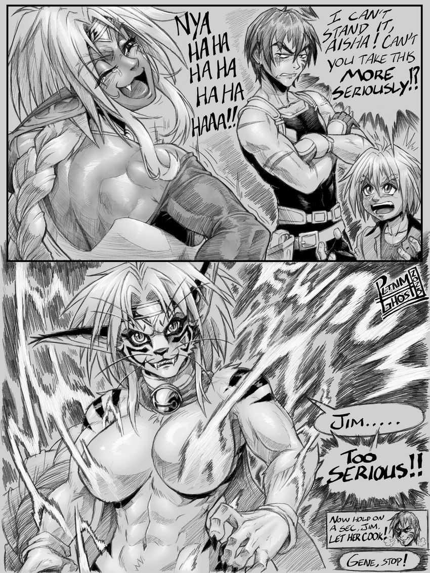 2_panel_comic 5_fingers abs ahoge arm_scar arm_tattoo armor back_muscles bell bell_collar belt biceps big_breasts bracers braided_hair braided_ponytail breasts breath cape circlet claws clothed clothing collar crossed_arms cute_fangs dialogue facial_scar fangs female finger_claws fingerless_gloves fingers fur gloves group hair handwear humanoid_pointy_ears humanoid_to_anthro laugh long_hair male motion_lines muscular muscular_female one_eye_closed pointy_ears ponytail pupils scar sharp_teeth shirt short_hair simple_background slit_pupils smile smirk speech_bubble star_tattoo striped_body striped_fur stripes tattoo teeth text tool_belt toothy_grin topwear transformation trio tunic pltnm06ghost outlaw_star aisha_clanclan gene_starwind jim_hawking animal_humanoid ctarl-ctarl felid felid_humanoid human humanoid mammal mammal_humanoid 2025 3:4 absurd_res comic english_text greyscale hi_res monochrome signature