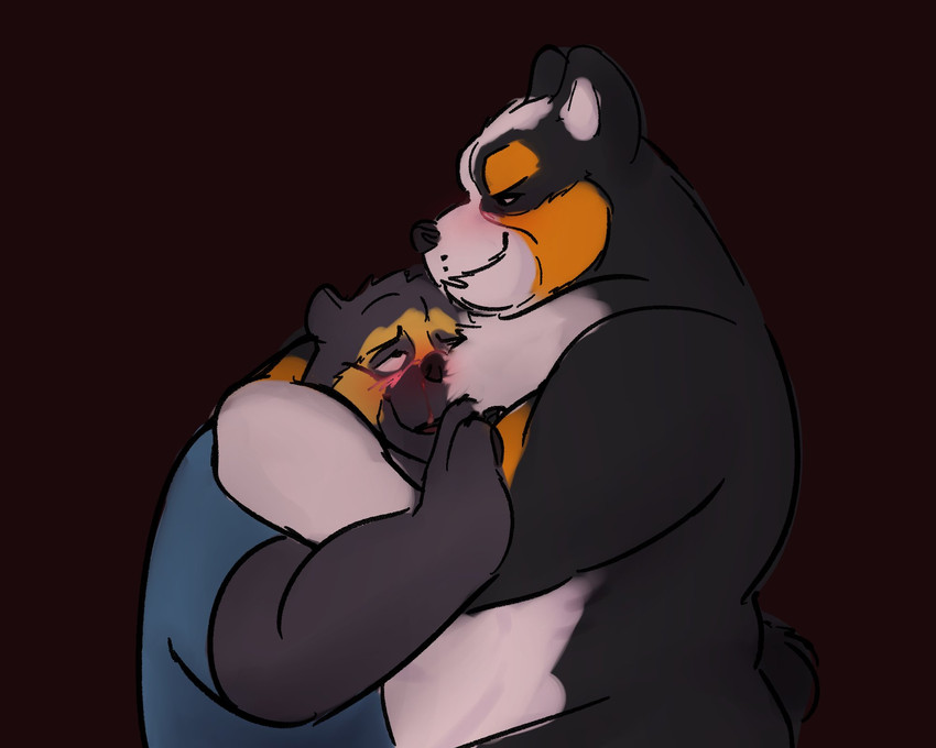 anthro black_body black_fur blush brown_body brown_fur clothing duo fur hug male male/male overweight overweight_male shirt topwear white_body white_fur lentejota6 bear canid canine canis domestic_dog mammal short-faced_bear spectacled_bear 2021 5:4 hi_res