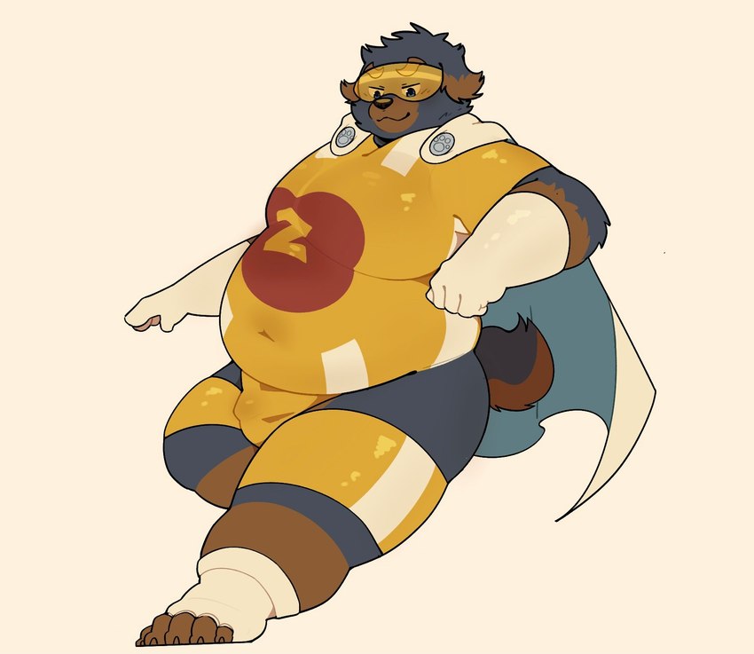 anthro belly big_belly black_nose brown_body bulge cape clothed clothing humanoid_hands kemono male overweight overweight_male simple_background skinsuit solo tight_clothing visor haoming canid canine canis domestic_dog mammal 2022 hi_res