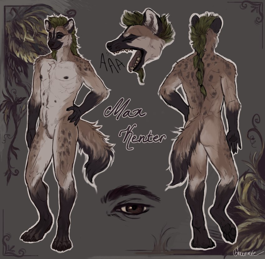 andromorph anthro broken_teeth brown_body brown_eyes countershade_legs countershade_torso countershading digitigrade dipstick_limbs green_hair hair intersex markings simple_background smile solo spots spotted_markings greennie max_kenter hyena mammal spotted_hyena absurd_res colored hi_res model_sheet signature