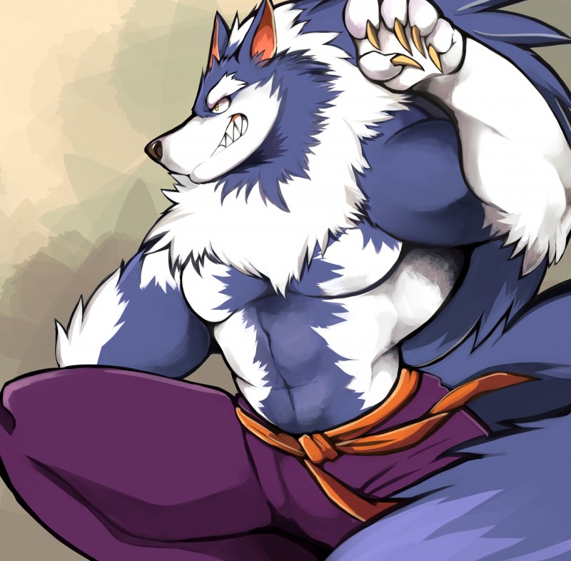 abs anthro belt biceps black_nose blue_body blue_fur bottomwear claws clothed clothing fangs fur kemono male muscular muscular_anthro muscular_male pants pecs smile solo teeth topless white_body white_fur yellow_eyes ginnosuke capcom darkstalkers mythology jon_talbain canid canine canis mammal mythological_canine mythological_creature werecanid werecanine werecreature werewolf wolf 2017 absurd_res hi_res