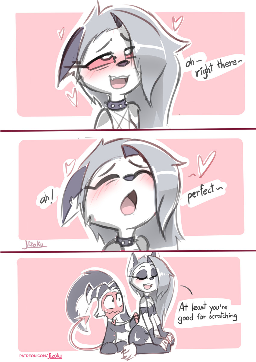 ahegao anthro bait_and_switch blush clothed clothing collar dialogue duo eye_roll female fur hair heart_symbol long_hair looking_pleasured male scratching scratching_back simple_background speech_bubble suggestive text jizoku hellaverse helluva_boss mythology loona_(helluva_boss) moxxie_(helluva_boss) canid canid_demon canine demon hellhound imp mammal mythological_canine mythological_creature 2022 absurd_res comic english_text hi_res url