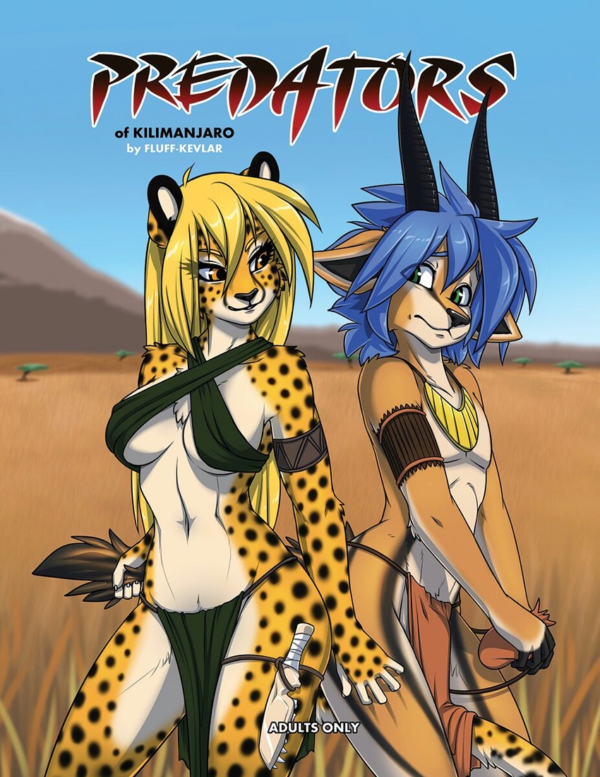 amber_eyes anthro blonde_hair blue_hair bottomwear clothed clothing desert duo female female_pred fur green_eyes hair horn knife loincloth loincloth_only long_hair male male_prey orange_body orange_fur pelvic_curtain skimpy spots text topless yellow_eyes conditional_dnp fluff-kevlar mihari rehzi_(fluff-kevlar) antelope bovid cheetah felid feline gazelle mammal comic cover cover_art cover_page digital_media_(artwork) english_text hi_res shaded