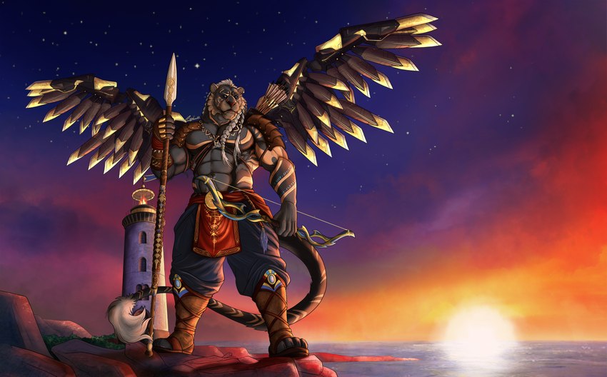 anthro armor arrows bay boots bottomwear bow_(feature) bracers braided_hair brazier breechcloth cloth_belt clothing cloud copper_(metal) cynvale_jyoti_(character) fire footwear gold_(metal) hair jewelry kynjord leather leather_boots leather_clothing leather_footwear leather_sabatons lighthouse male markings mechanical_wings medallion melee_weapon metal necklace oversized_bottomwear oversized_clothing oversized_pants pants pendant_flag polearm rock runes sea shoes shoreline solo spear star striped_markings stripes sunset tail tail_tuft tuft valkyrie water weapon copperdraws felid hybrid liger mammal pantherine absurd_res hi_res huge_filesize