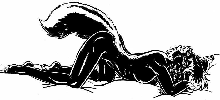 anthro ass_up bed_sheet bedding bedroom_eyes breasts female fur hair looking_at_viewer narrowed_eyes nipples seductive solo style_wager tracey_tailor mammal mephitid skunk 2023 black_and_white hi_res monochrome