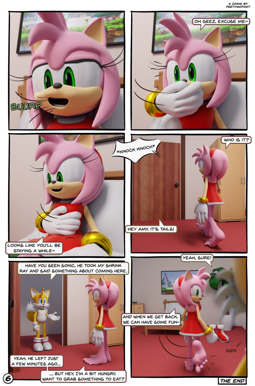 4_toes anthro anthro_pred barefoot burping dialogue duo feet female female_pred foot_fetish foot_focus male male/female micro oral_vore soles speech_bubble text toes vore feetymcfoot sega sonic_the_hedgehog_(series) amy_rose miles_prower sonic_the_hedgehog canid canine eulipotyphlan fox hedgehog mammal 3d_(artwork) absurd_res comic digital_media_(artwork) english_text hi_res