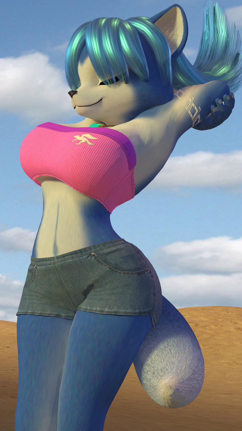 anthro arms_above_head bandeau beach bottomwear breasts clothed clothing denim denim_bottomwear denim_clothing denim_shorts eyes_closed female fully_clothed hair hands_behind_head jewelry long_hair midriff navel necklace seaside shorts solo strapless_clothing strapless_topwear topwear themeshow101 nintendo star_fox krystal_(star_fox) canid canine fox mammal 3d_(artwork) 9:16 absurd_res digital_media_(artwork) hi_res