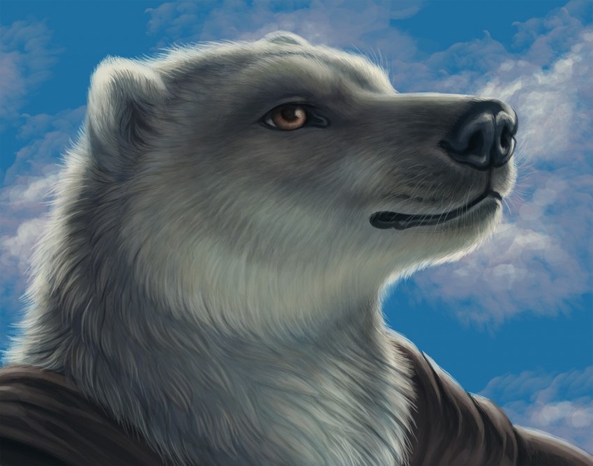 ambiguous_gender anthro black_nose blue_sky brown_clothing clothing cloud fur sky solo topwear whiskers white_body white_fur yellow_eyes rukis red_lantern_universe tulimak_(rukis) bear mammal polar_bear ursine bust_portrait portrait story story_in_description male_(lore)