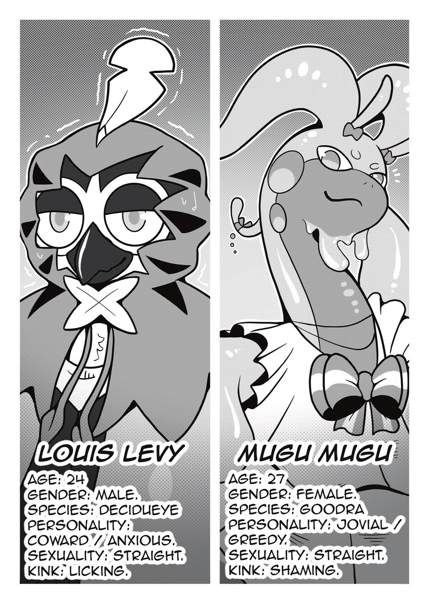 anthro clothing duo female feral male male/female text rozalid nintendo pokemon you_only_live_once louis_(decidueye) mugu_(goodra) avian bird decidueye generation_6_pokemon generation_7_pokemon goodra owl pokemon_(species) absurd_res character_name comic english_text hi_res