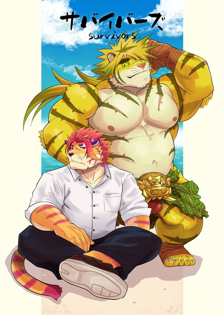 abs annoyed anthro blonde_hair duo fur hair male muscular muscular_anthro muscular_male navel nipples pecs red_hair striped_body striped_fur stripes tessui160 lifewonders tokyo_afterschool_summoners macan_(tas) nomad_(tas) felid mammal pantherine tiger absurd_res hi_res