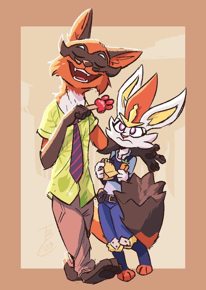 alternate_species anthro barefoot bottomwear clothing eyes_closed feet female food fur holding_food holding_object holding_popsicle male necktie open_mouth open_smile orange_body orange_fur pants pawpsicle police police_uniform popsicle shirt smile topwear uniform white_body white_fur theblueberrycarrots disney nintendo pokemon zootopia judy_hopps nick_wilde cinderace generation_8_pokemon pokemon_(species) thievul 2023 digital_media_(artwork) hi_res signature