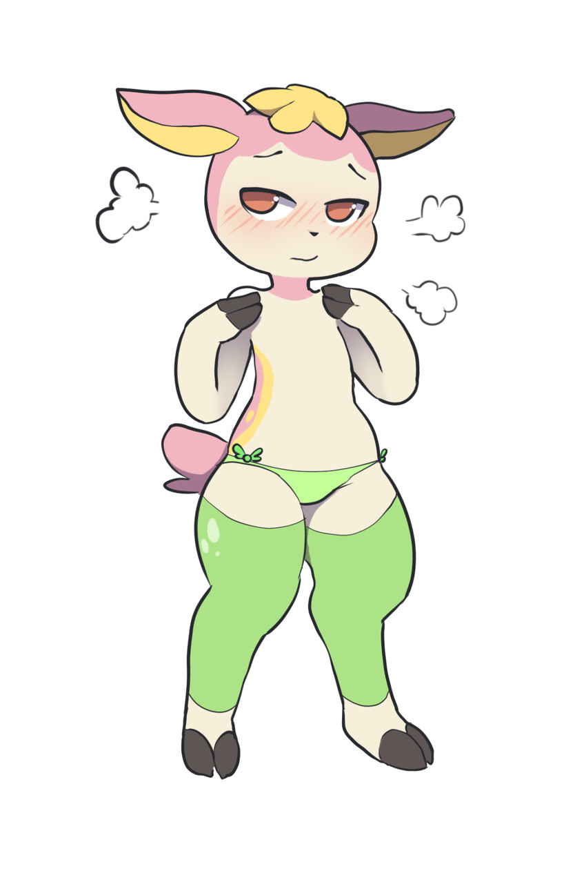ambiguous_gender biped blush blush_lines clothing cloven_hooves flower flower_(anatomy) flower_on_head flustered footwear green_clothing green_leg_warmers green_legwear green_underwear hooves leg_warmers legwear multicolored_body panties pink_body pink_tail plant red_eyes semi-anthro simple_background solo standing tail tan_body underwear white_background white_sclera yellow_body yellow_flower itsunknownanon nintendo pokemon deerling generation_5_pokemon pokemon_(species) spring_deerling 2016 2:3 hi_res